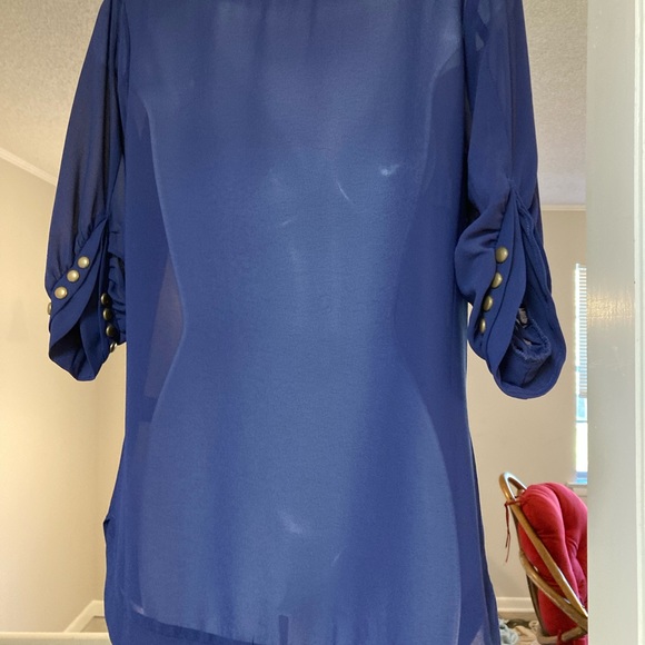 Sheer Navy Blouse w/ Gold Button Accents - Picture 4 of 7